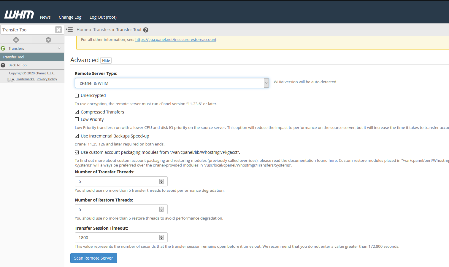 cPanel Transfer Select WHM