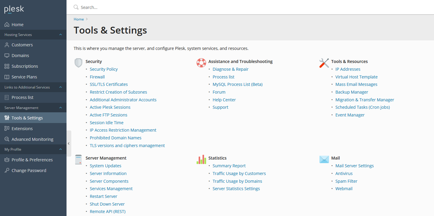 Plesk Obsidian Tools and Settings