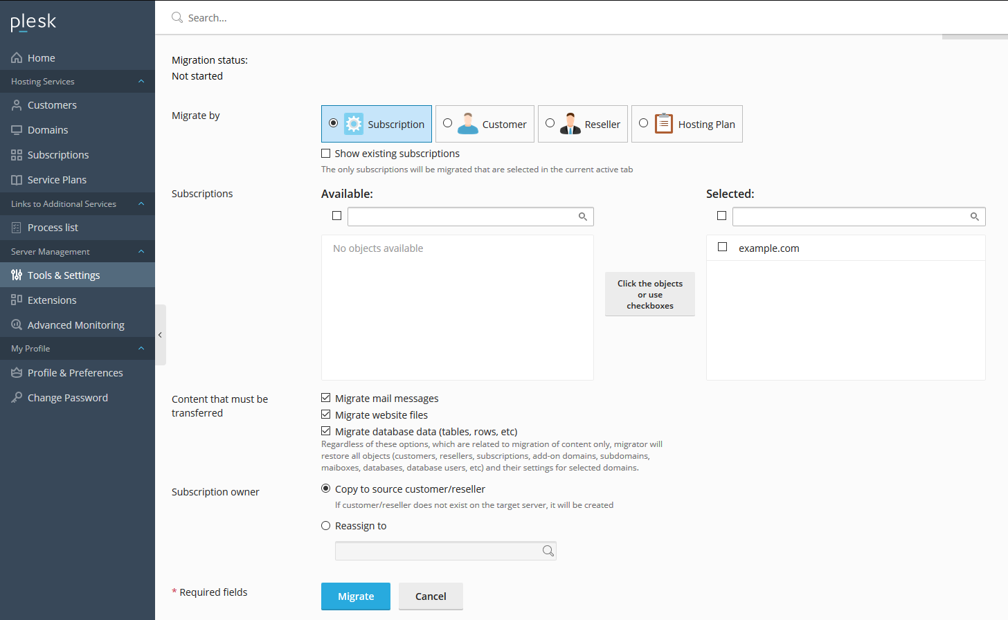 Plesk Obsidian Select Sites to Migrate