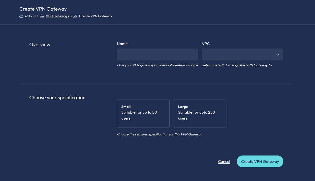 Create VPN Gateway form