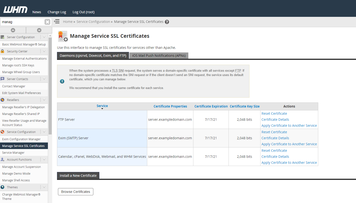 WHM Service SSL Certs 